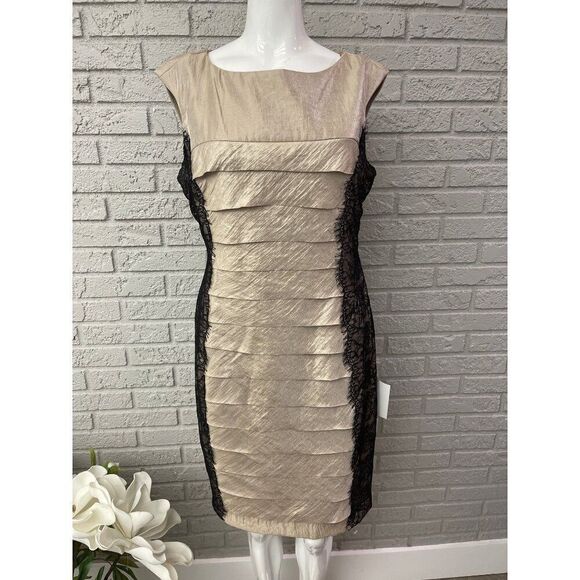 London Times Women  Sleeveless Layered Tan Black Lace Shift Knee Length Dress Si - Picture 1 of 9